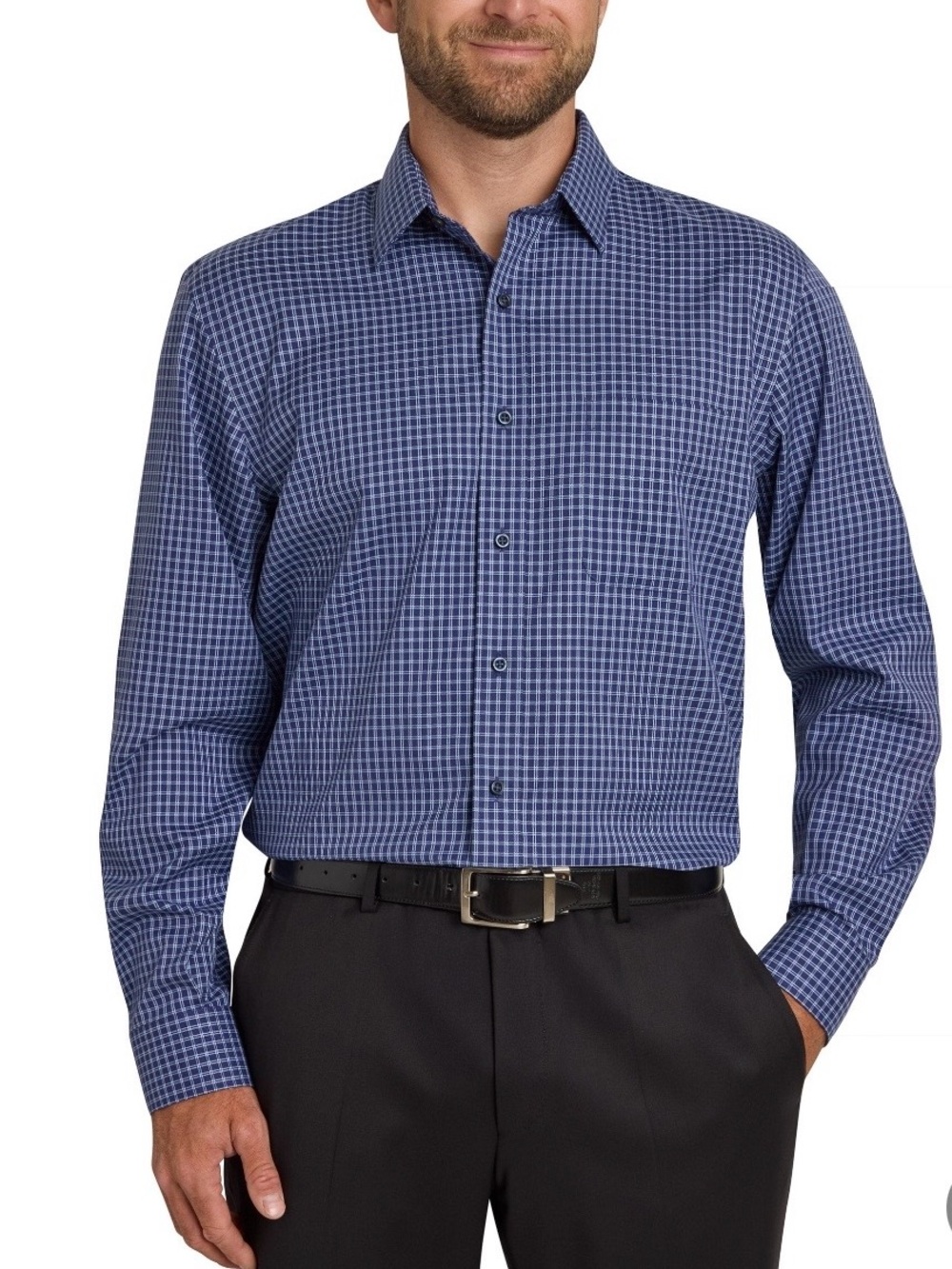 New Men’s Kirkland Signature Navy and White Micro-Check Dress Shirt 16.5 36/37